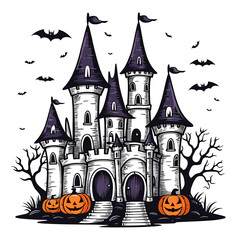 Spooky Halloween Castle with Bats and Pumpkins in Black and White Illustration