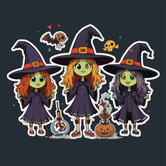 Cute Cartoon Witches with Halloween Elements in a Fun and Whimsical Style for Seasonal and Festive Designs