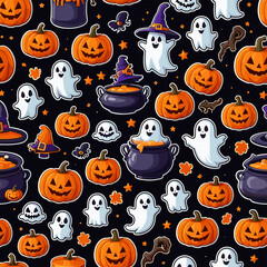 Festive Halloween Pattern with Pumpkins, Ghosts, and Cauldrons on a Dark Background for Seasonal Celebrations and Decorations