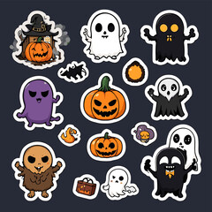 Cute Halloween Stickers Set Featuring Ghosts, Pumpkins, and Spooky Characters on Dark Background
