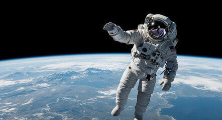 Astronaut floats in space above planet earth