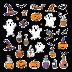 Colorful Halloween Sticker Set with Ghosts, Pumpkins, Witches' Hats, and Potion Bottles on Black Background