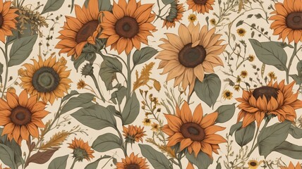 Vintage botanical illustration of large orange sunflowers and green leaves on a cream background