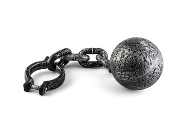 Old heavy iron ball with chain and shackle on white background with clipping path