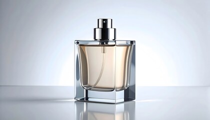 Perfume advertisement, bottle and minimalism: Minimalist composition showing a perfume bottle with subtle reflections.
