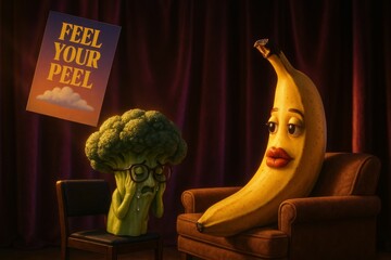 Anthropomorphic banana therapist and sad broccoli in glasses during therapy session. Emotions, psychology, mental health