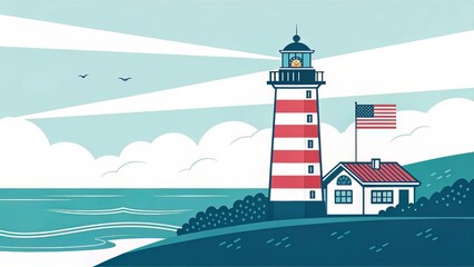 Minimal Coastal Design with U.S. Flag Lighthouse on Cyan Background Representing Patriotism