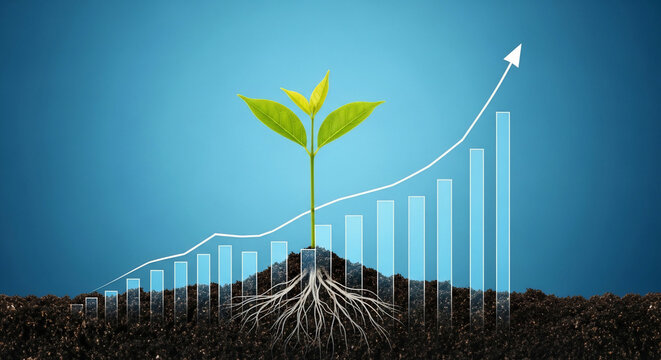 A young green plant with visible roots growing in soil, superimposed on a background of upward-trending bar and line graphs, symbolizing growth and development.