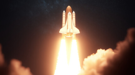 A majestic rocket launch at night, glowing engines lighting up the clouds against a starry sky.