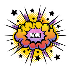 Colorful comic book style pop art speech bubble with "WOW!" text, isolated vector image on transparent background  