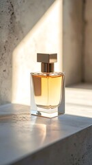 Perfume advertisement, bottle and minimalism: Minimalist perfume bottle placed on matte concrete, soft lighting.