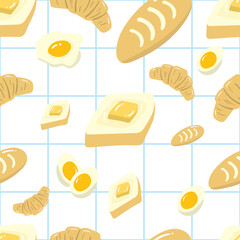 Bread eggs on a blue and white checkered pattern background. Food seamless pattern for clothing, fabric, wallpaper, backdrop, home decoration, cover book, and wall art.