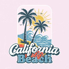 California Beach, Waves and Sunshine - Tee Design For Printing. Good For Poster, Wallpaper, T-Shirt, Gift.