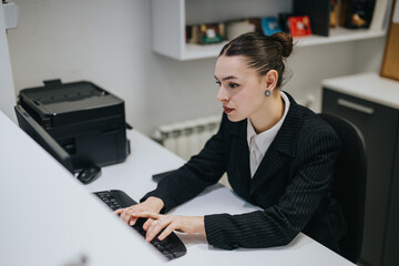 Young businesswoman in formal attire working on a computer while in an office environment. The...