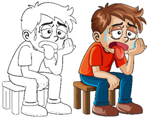 Fototapeta premium Exhausted Cartoon Boy Sitting on a Stool