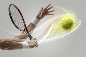 Tennis player striking ball mid-air with visible motion streaks, capturing power, focus, and athletic tension against dynamic sky backdrop