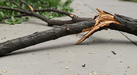 Broken tree branch on sidewalk after storm damage  