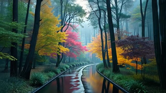 Autumnal Reflection A Serene Forest Path with Vibrant Fall Colors and Tranquil Waterway
