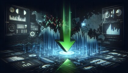 Obraz premium Finance risk reduction concept with digital data charts, analytics and glowing green arrow pointing downward on dark futuristic background. 3D Rendering