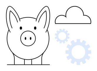 Piggy bank icon with cloud and gears suggests savings, financial planning, cloud solutions, innovation, teamwork, resource management, and progress in a simple flat metaphor