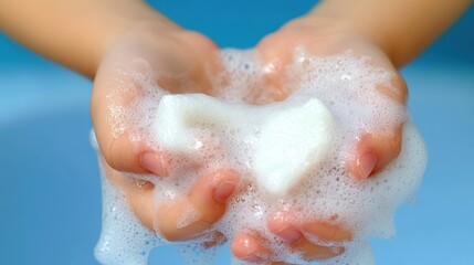 Fototapeta premium Close-up of Hands Holding Soap Bubble Foam in a Clean Bathroom