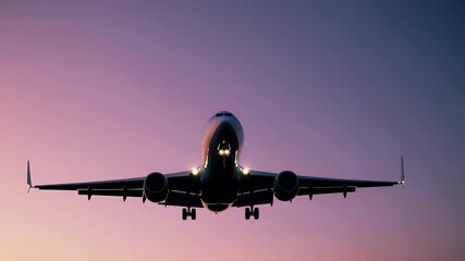 clean artistic minimalist video of a commercial airplane descending slowly through a gradient pastel sky at sunset captured in vertical slow motion for cinematic aviation footage - Powered by Adobe