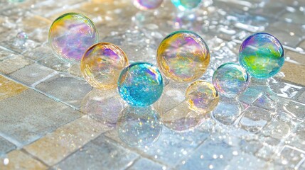 Colorful Bubbles Reflecting Light on Wet Surface in Soft Focus