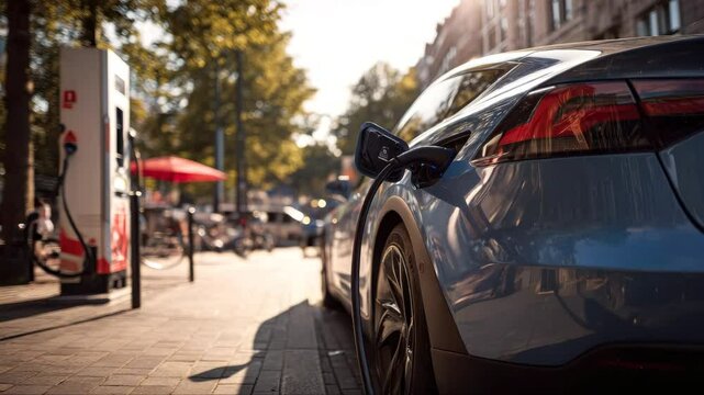 EV electric car recharge battery at parking lot in natural green city park. Alternative clean energy technology for rechargeable automobile for sustainable and eco friendly urban travel. Synchronos
