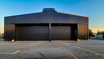 Obraz premium Black Metal Workshop with Glass Garage Door