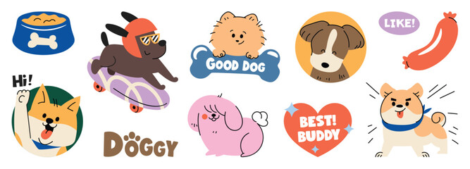 Naklejka na ściany i meble dog sticker vector. Lovely dog doodle pattern in different poses and breeds. Adorable funny pet and many characters hand drawn collection for T-shirt, sticker, print, pet shop. 