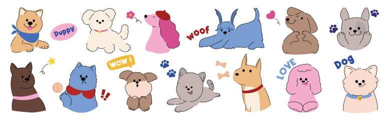 Naklejka na ściany i meble dog sticker vector. Lovely dog doodle pattern in different poses and breeds. Adorable funny pet and many characters hand drawn collection for T-shirt, sticker, print, pet shop. 