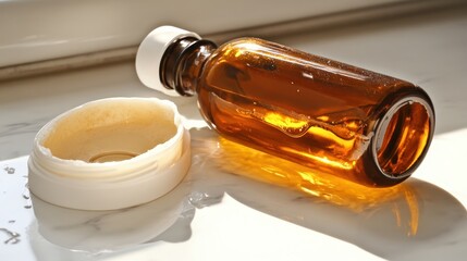 Elegant amber glass bottle with white cap on a sunny countertop