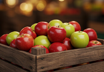 A wooden crate filled with a mix of red and green apples, displayed indoors with a blurred background.