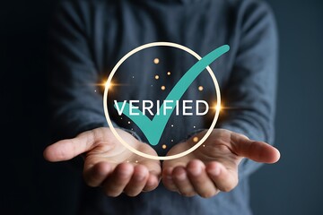 Verified confirmation checkmark symbol with glowing lights approval success