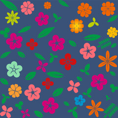 Cheerful Seamless Pattern with Bright Flowers and Green Leaves