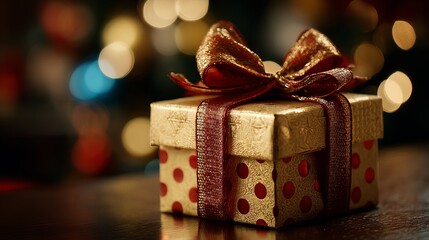 Festive Christmas gift wrapped in red paper with golden ribbon and bow under sparkling holiday lights