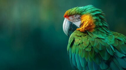 Fototapeta premium **Green beautiful parrot macaw turning its head with soft feather shadows and realistic lighting gradient, isolated on clean transparent background