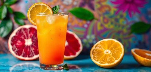 Vibrant citrus drink in glass, colorful background,  orange,   shot