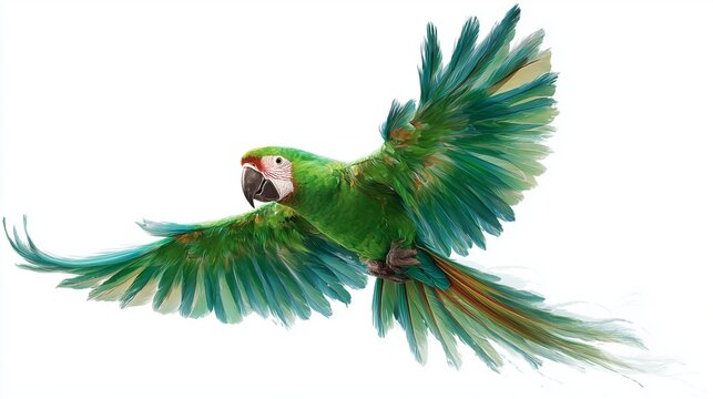 **Green beautiful parrot macaw in a flight pose, wings gracefully curved, appearing mid-air with ultra-clean transparent background and crisp feather details