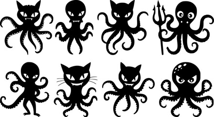 A quirky set of black silhouette hybrid octopus creatures with cat like heads and expressive eyes ideal for halloween or fantasy designs