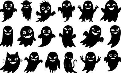 A large and diverse collection of black ghost silhouettes with various expressions including mischievous and cat like spirits perfect for halloween fun