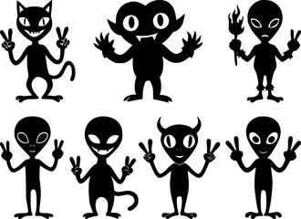 A quirky set of black alien and fantasy creature silhouettes making peace signs and featuring vampire cat and horned monster designs