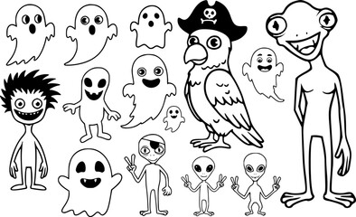 A fun collection of black and white cartoon outlines featuring ghosts aliens a monster and a pirate parrot ideal for halloween and fantasy themes