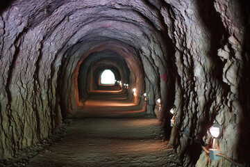 Naklejka premium exit, end, light at the end of the tunnel concept. long tunnel in the rock with light at the end