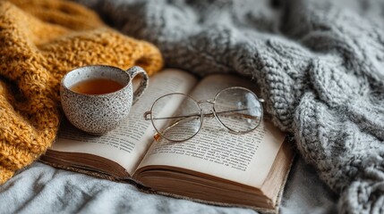 Cozy Reading Scene with Open Book and Eyeglasses on Blanket