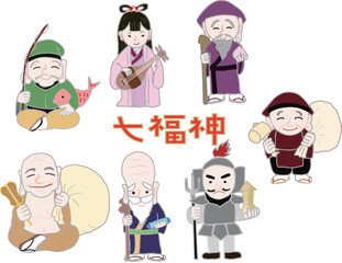 A set of illustrations of the Seven Lucky Gods