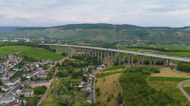 Moselle Viaduct Longuich, between Trier and Schweich, bridge of highway crossing the Mosel river in the valley, german autobahn, aerial view