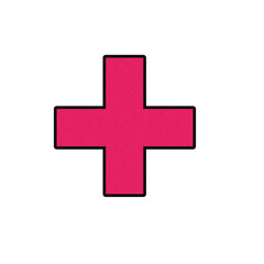 Bright pink medical cross symbol with black outline isolated on transparent background