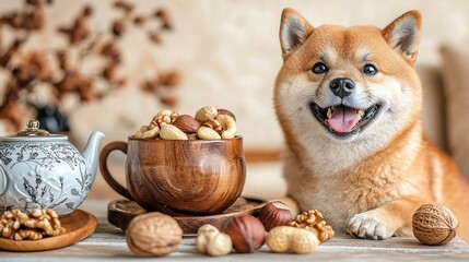 Shiba inu with cup full of assorted nuts and tea set

