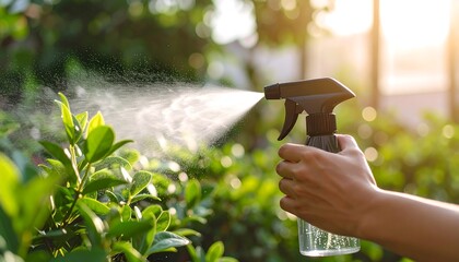 Handheld sprayer watering lush green foliage
